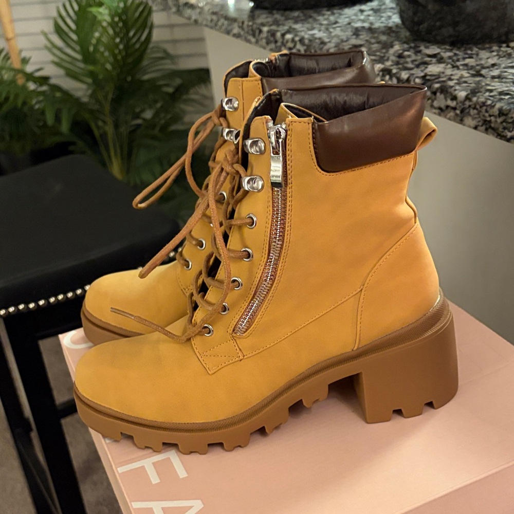 JustFab Mustard Lace-Up Boots